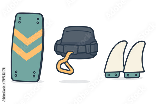 Essential gear set for kiteboarding and watersports featuring board, harness, and fins