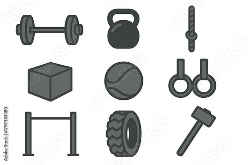 a collection of 9 gray silhouette icons representing various fitness and strength training equipment.