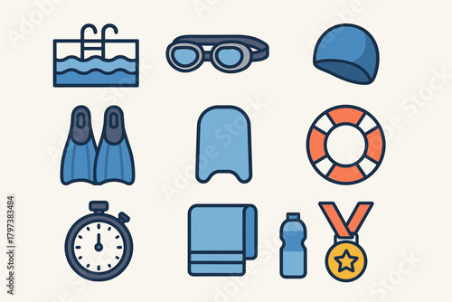 a collection of 10 colorful flat icons representing various swimming and aquatic-related items and concepts.