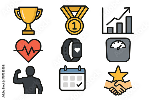 a collection of 9 colorful icons representing various fitness, achievement, and collaboration concepts.