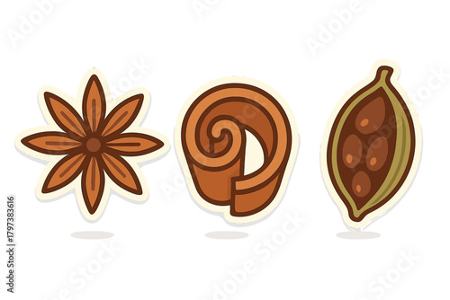 Aromatic cooking spices set featuring star anise cinnamon stick and cardamom pod