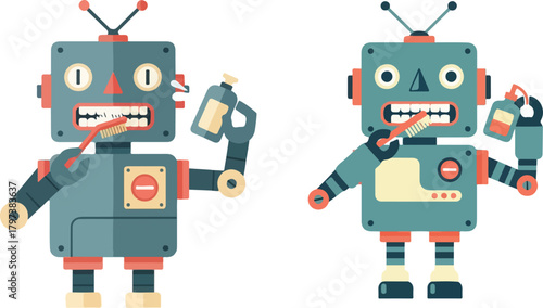 Wallpaper Mural Retro Robot Doing Self-Care Routine Flat Vector Illustration Torontodigital.ca