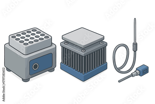 Isometric laboratory equipment set with dry bath incubator, cooling block, and temperature probe