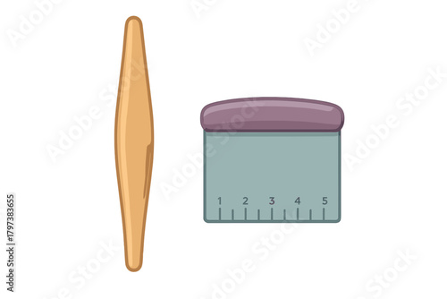 Classic wooden rolling pin and measured dough scraper set for essential baking preparation