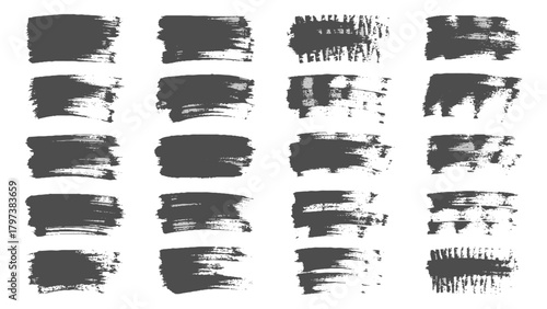 Collection of varied black ink brush strokes and splatters ,Set of thick dried brush strokes, grunge acrylic textures, stencil silhouettes,  Abstract black ink grungy lines, borders, underline