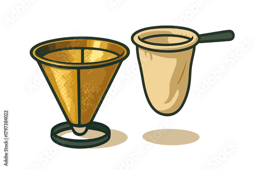 Reusable golden mesh coffee filter cone and traditional fabric sock filter for manual brewing methods