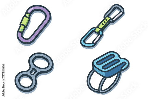 Set of climbing gear including carabiner, quickdraw, descender, and belay device