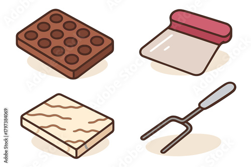 Isometric set of chocolate making tools and ingredients: truffle mold, bench scraper, dough block, and dipping fork