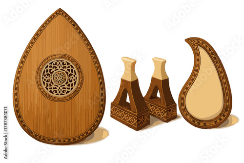 Ornate wooden soundboard of a traditional Middle Eastern string instrument like an oud or lute with decorative carved stands