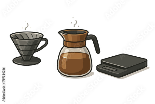 Tools for manual pour over coffee brewing dripper carafe and digital scale
