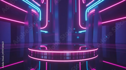 Futuristic Neon Background. Glowing Neon Light Stage with Podium in Purple and Blue Cyberpunk Style.