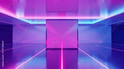 3D Render of a Futuristic Empty Room with Neon Frame and Abstract Light Streaks.