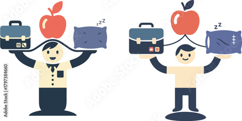 Playful Retro Character Balancing Work Health and Sleep Flat Vector Illustration