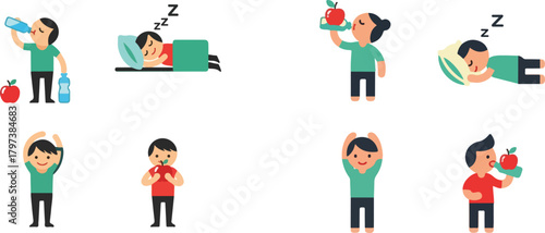 Vintage Healthy Habits Checklist Character Pack Flat Vector Illustration