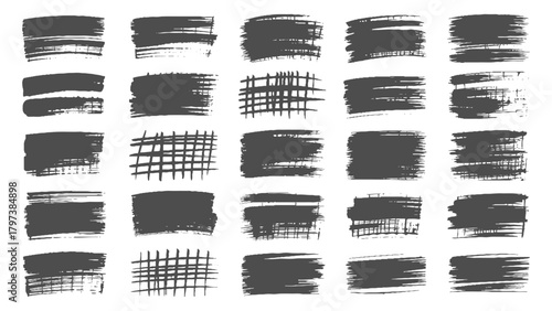 Collection of varied black ink brush strokes and splatters ,Set of thick dried brush strokes, grunge acrylic textures, stencil silhouettes,  Abstract black ink grungy lines, borders, underline