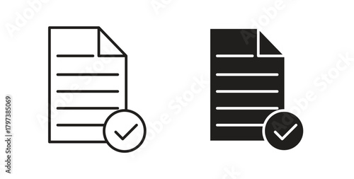 Document accept icon glyph and line set thin line symbol concept.