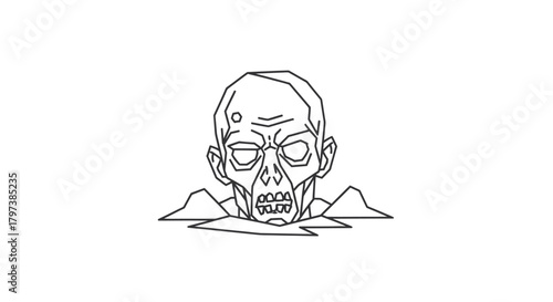 Line Art Illustration of a Zombie Head Emerging.