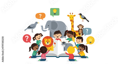 Children Reading Storybook Surrounded by Cartoon Animals and Speech Bubbles.