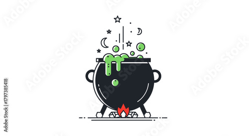 Black cauldron bubbling with green potion and magical elements.