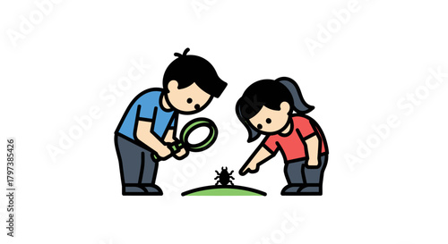 Two children examining a small object with a magnifying glass.