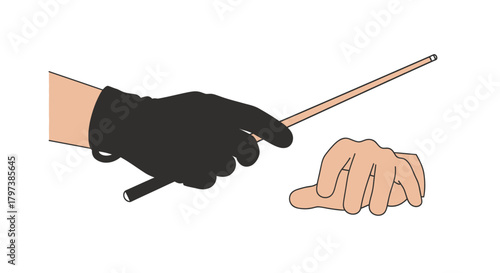 Magicians gloved hand holding a wand pointing towards another hand.