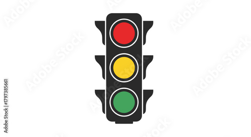 Vertical traffic signal with red yellow and green lights illuminated.