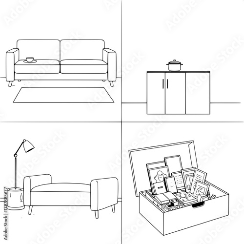“Produce a modern minimalist composition showing four separate furniture scenes: sofa, side table with rice cooker and cup, abstract-patterned cabinet, and an open box containing decor and stationery.