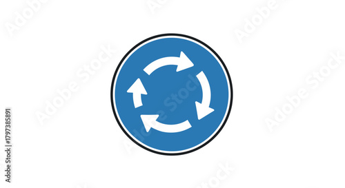Roundabout Ahead Sign: Circular Blue Road Sign with White Arrows.