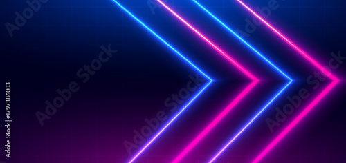 Futuristic arrow blue and pink neon hi speed on dark background.