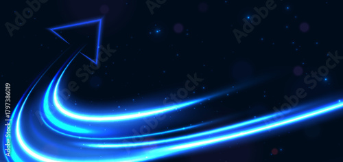 Futuristic glowing blue arrow curved rays on dark blue background. Hi-speed night effect blur speed motion moving.