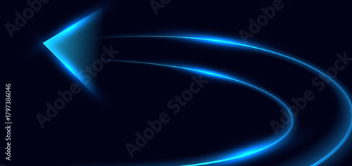 Arrow curve blue glowing on dark background. Technology innovation investment concept.