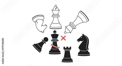 Black and White Chess Pieces Depicting Checkmate Strategy.