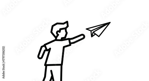 Simple Black and White Illustration of Person Launching Paper Airplane.