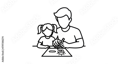 Wallpaper Mural Father and daughter drawing together simple line art illustration. Torontodigital.ca