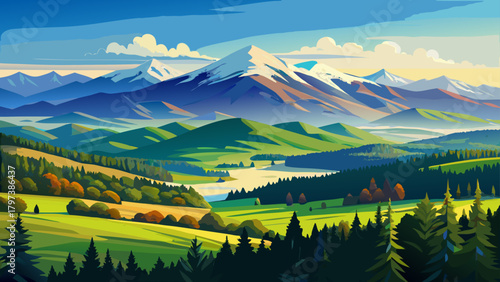 Very beautiful view of the White Mountains in New Hampshire as seen from Vermont, featuring rolling green hills, layered mountain ridges, and a peaceful New England landscape under clear, bright skies