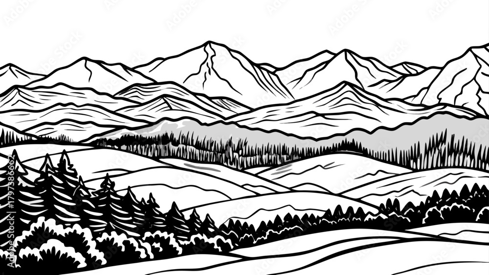 Fototapeta premium Very beautiful view of the White Mountains in New Hampshire as seen from Vermont, featuring rolling green hills, layered mountain ridges, and a peaceful New England landscape under clear, bright skies