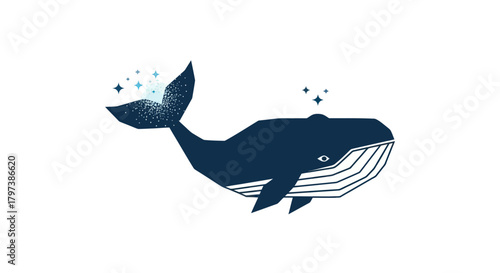 Stylized Blue Whale Illustration with Textured Details and Sparkling Water Spray.