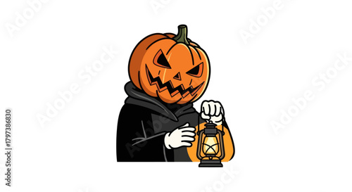 Spooky Jack-o-lantern character in dark cloak holding an old lantern Halloween illustration.