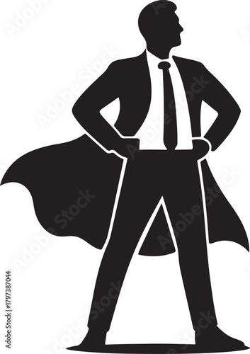 Office worker in hero pose with strong stance and cape, bold silhouette vector for business inspiration.