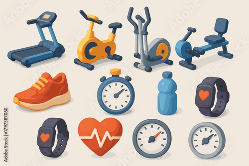 A set of 3d icons related to fitness and cardio training. All items are designed in bright colors with a soft, illustrative design.