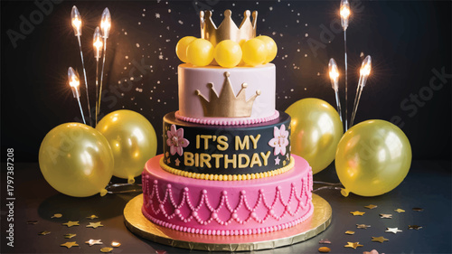 Luxurious princess-themed three-tier birthday cake with gold crown, pink fondant, and glowing star lights on black background.