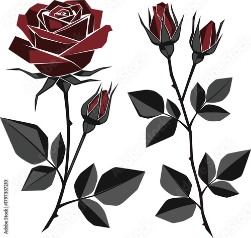 Geometric Low Poly Dark Red Rose and Buds Vector Illustration Set - Stylized Floral Graphic