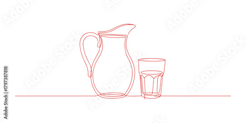 A continuous line drawing of a jug and a glass

