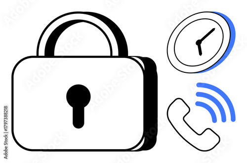 Padlock symbolizing security, clock representing time, and phone with wireless signals for connectivity. Ideal for cybersecurity, communication, data safety, time optimization, privacy, phone