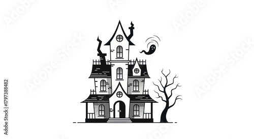 Spooky Black and White Cartoon Haunted House Illustration.