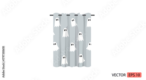Whimsical Grey Curtains Adorned with Playful White Ghost Illustrations.