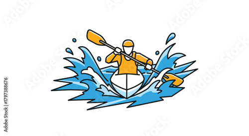 Cartoon Kayaker Paddling Through Water with Paddle and Boat.