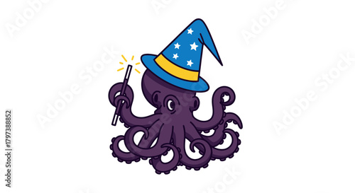 Cartoon Octopus Wizard with Blue Hat and Magic Wand.