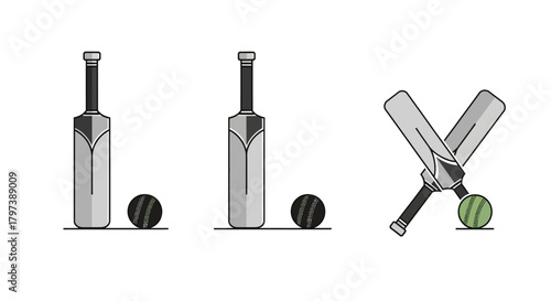 Three groupings with a cricket bat and ball depicted in grey tones and light green