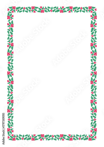 Holly Berry Christmas Frame, Red Green Vector Silhouette Isolated Vertical Border for Winter Holiday Festive Designs